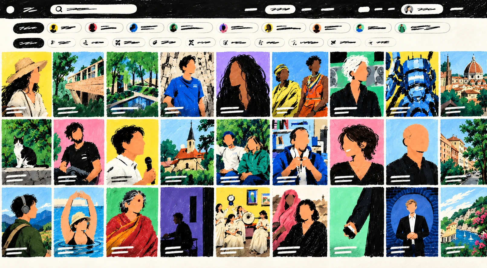 The cartography page of chngmkr.com, drawn: the bar of correspondents and collections, then the grid of changemakers.